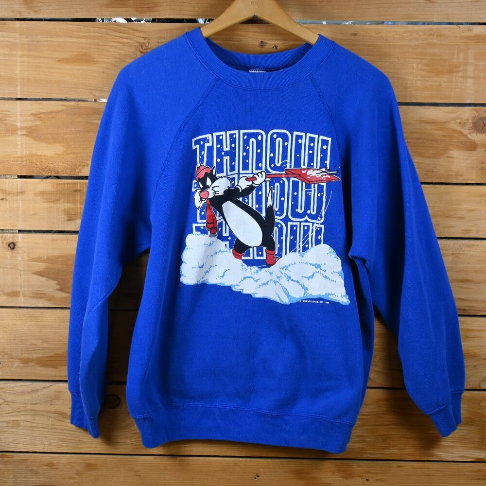 Vintage 80s Sylvester the Cat "Thnow" Sweatshirt in Blue - Size LG Made in USA